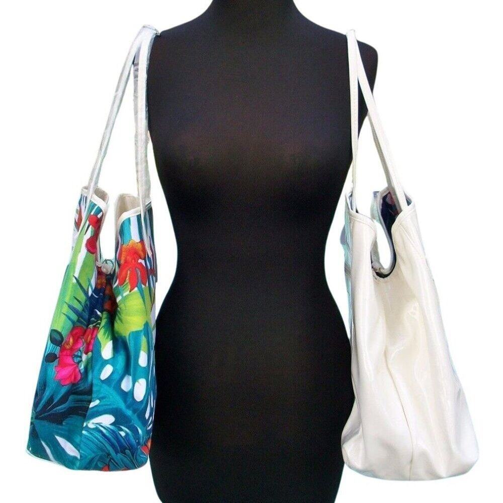 Cache Reversible Ivory Pearl Patent Leather Canvas Tropical Purse Bag NWT $175